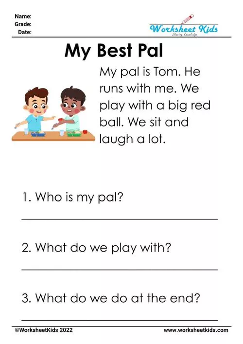 "My Best Pal" CVC worksheet exploring friendship, with illustrations of friends and text for building kindergarten reading skills.