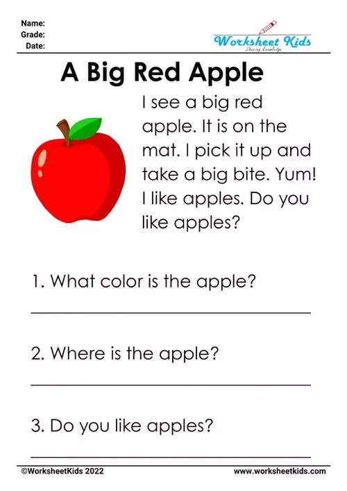 Close-up of a colorful kindergarten worksheet titled "A Big Red Apple," designed for CVC word practice and reading comprehension, showing an apple graphic.