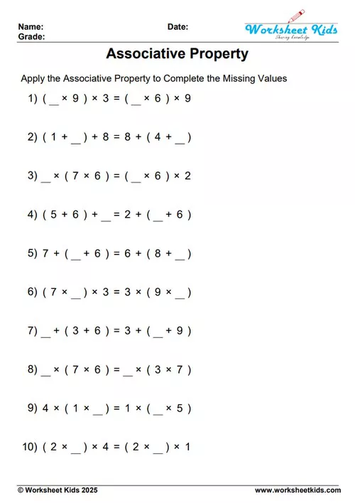 Example of a mixed associative property worksheet combining addition and multiplication questions.