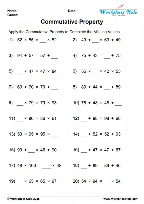 Free Worksheet preview for mixed commutative property of addition and multiplication with 2-digit numbers (10-100) PDF.