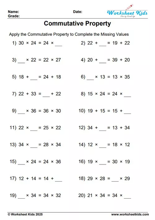 Worksheet preview for mixed commutative property of addition and multiplication with 2-digit numbers (10-40).