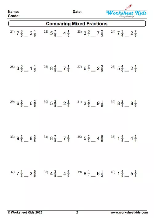 Practice problems for comparing mixed number fractions, featured in a free downloadable PDF worksheet.