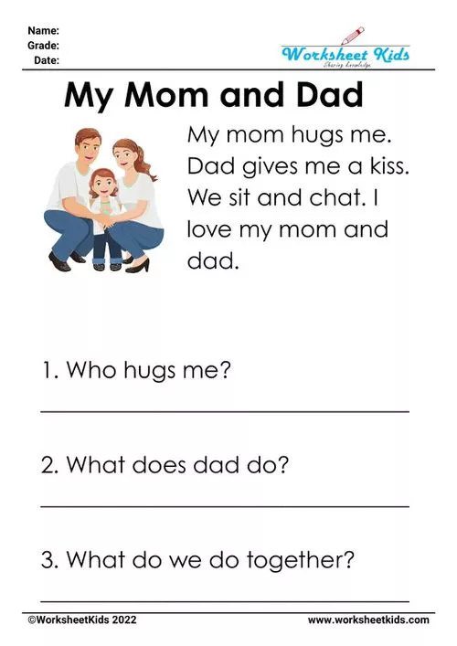 Heartwarming "My Mom and Dad" CVC worksheet for kindergarten, focusing on family and helping with early reading skills.