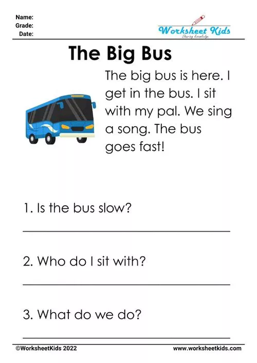 "The Big Bus" reading worksheet for kindergarten, with a school bus illustration and CVC sentences for easy comprehension.