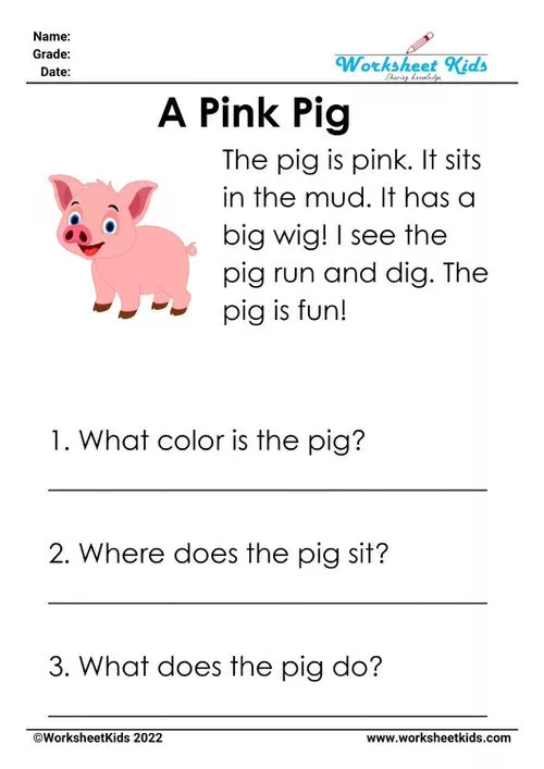 Educational CVC worksheet for kindergarteners themed "A Pink Pig," with a friendly pig illustration and text for early literacy skills.