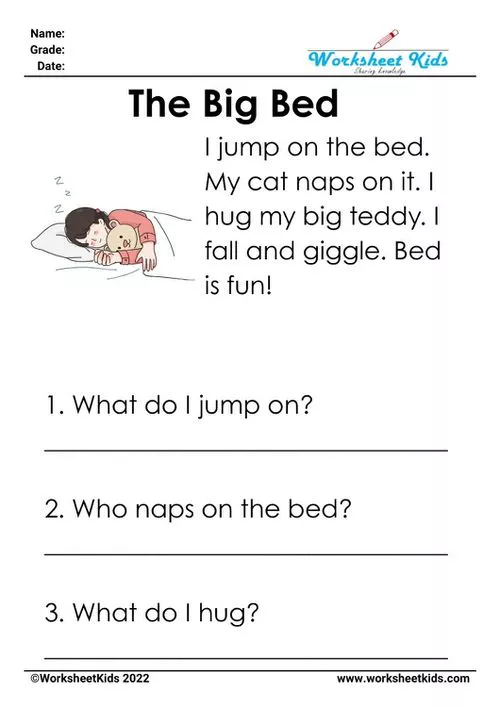 Kindergarten worksheet "The Big Bed," designed for CVC word and reading comprehension practice with a cozy bed illustration.