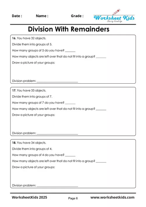 Visual guide showing the step-by-step process for solving division with remainders, suitable for 3rd graders.