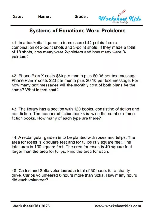 A worksheet with miscellaneous and creative word problems for practicing systems of equations.