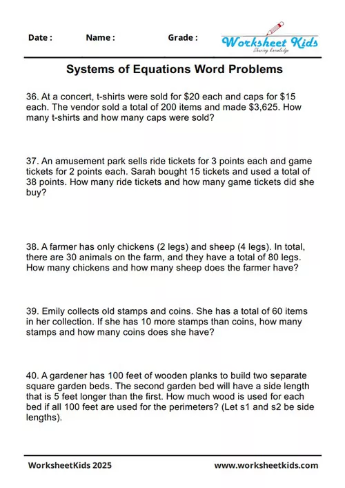Solving systems of equations word problems based on events and entertainment scenarios.