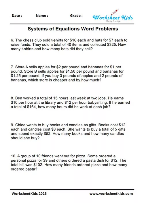 An 8th-grade math worksheet with word problems about food and mixtures using systems of linear equations.