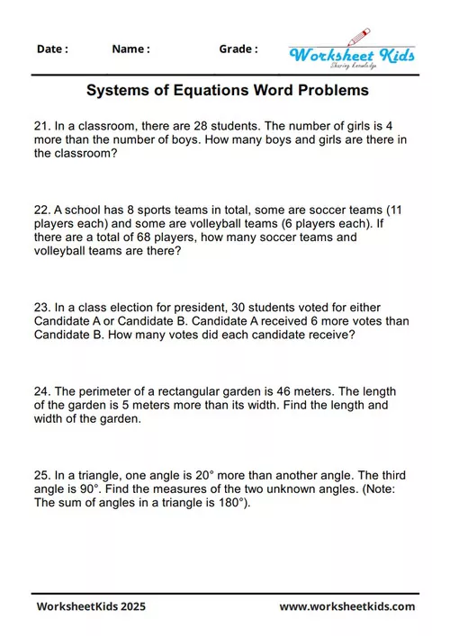Worksheet with geometry and measurement word problems that require solving systems of linear equations.