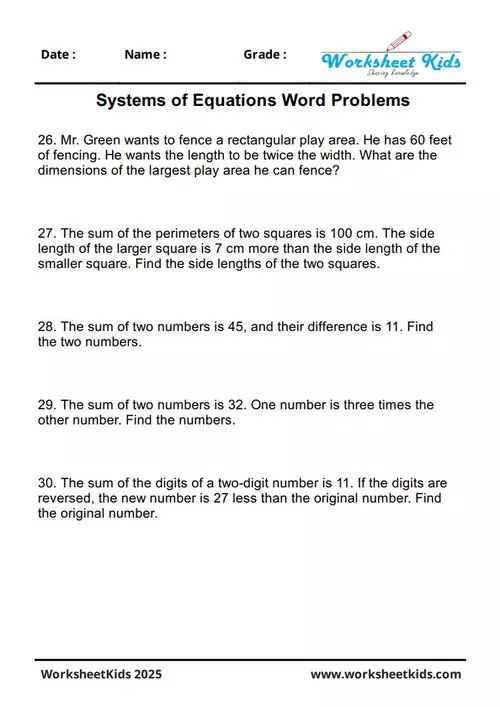 A printable PDF worksheet featuring number puzzle word problems solved with systems of equations.