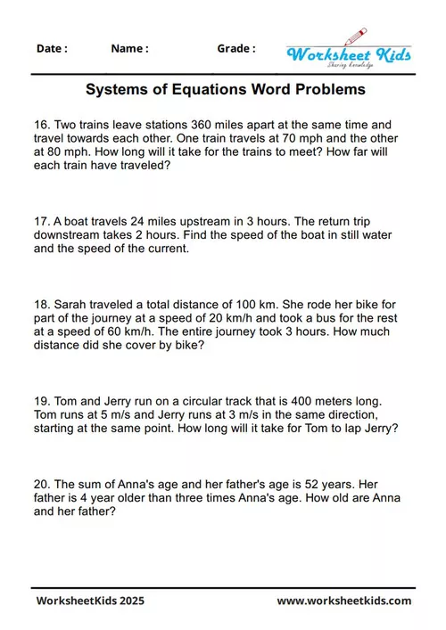 A math worksheet focused on solving systems of equations word problems about people and groups.
