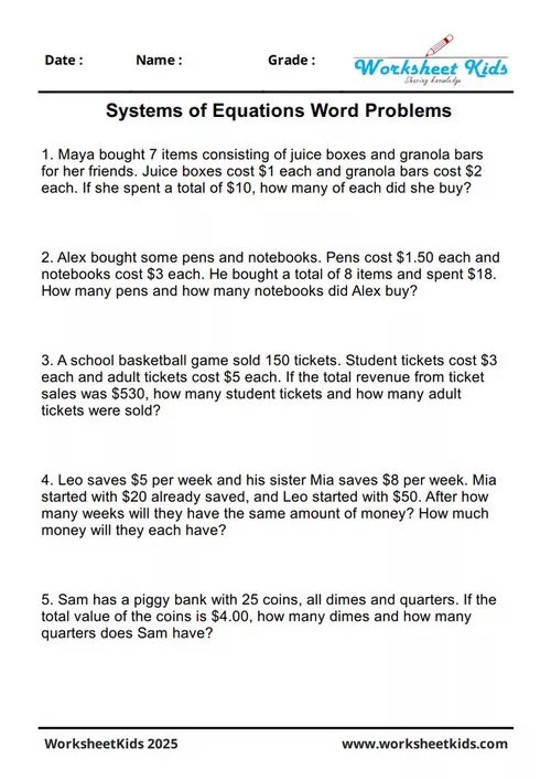 Worksheet preview for solving systems of equations word problems related to shopping and money.