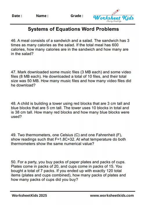 A mixed review worksheet for 8th graders covering various types of systems of equations word problems.