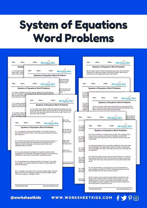 A cover image showing a collection of printable PDF worksheets for systems of linear equations word problems for 8th grade.