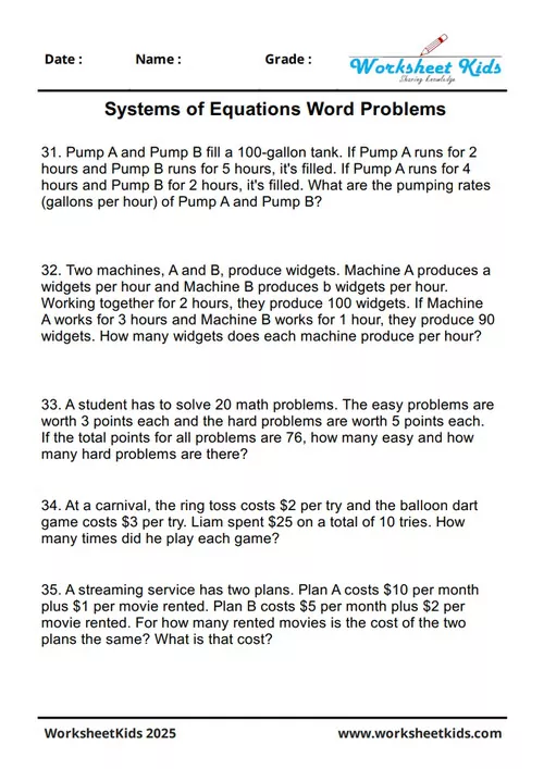 Eighth-grade worksheet for solving word problems about work and tasks using systems of equations.